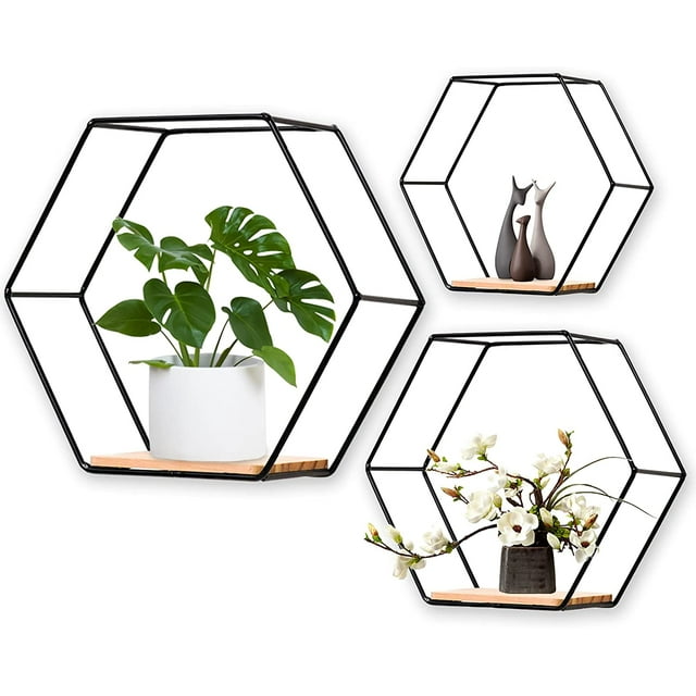 Set of 3 Black Hexagonal Floating Shelves, Modern Wall Mounted - Ideal for Multiple Rooms