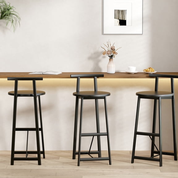Set of 3 Black Metal Barstools - Wide Seat & Enhanced Backrest - Bar Setting - Relaxing Seating