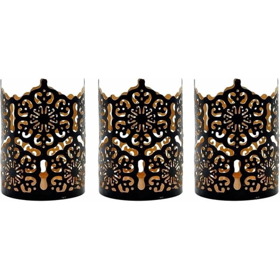 Set of 3 Black Metal Candle Holders 4 Inch High - Lattice Cut Lanterns for Table Centerpiece, Wedding, Home Decor, Indoor Outdoor