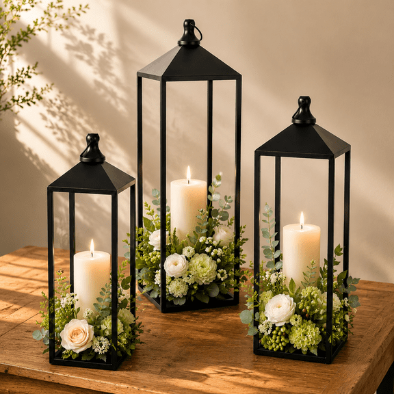 Set of 3 Black Metal Decorative Lanterns, Graduated Sizes for Indoor Outdoor Use