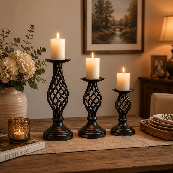 Set of 3 Black Metal Pillar Candle Holders, Vintage Twisted Wire Candle Stand, Farmhouse Decorative Table Centerpiece for Dining Room Fireplace Decor