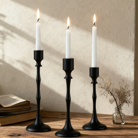 Set of 3 Black Metal Taper Candle Holders, Stylish Table Centerpieces, Wedding Dining Home Decor