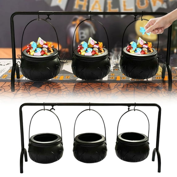Set of 3 Black Cauldron Serving Bowls on Rack for Halloween Party Decorations Indoor Outdoor Home Kitchen Candy Holder Trick or Treat Bowl