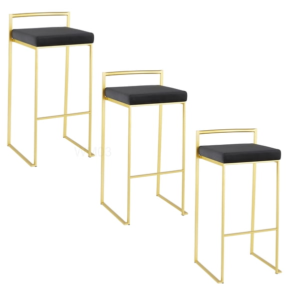 Set of 3 Black Velvet Bar Stools with Gold Frame, Stackable Counter Height Seating for Kitchen Island
