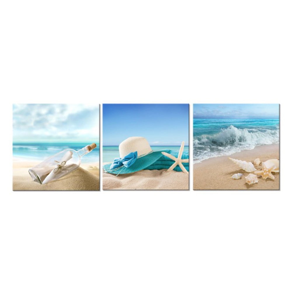 Set of 3 Blue Sea Beach Landscape Canvas Print Paintings Wall Art ...