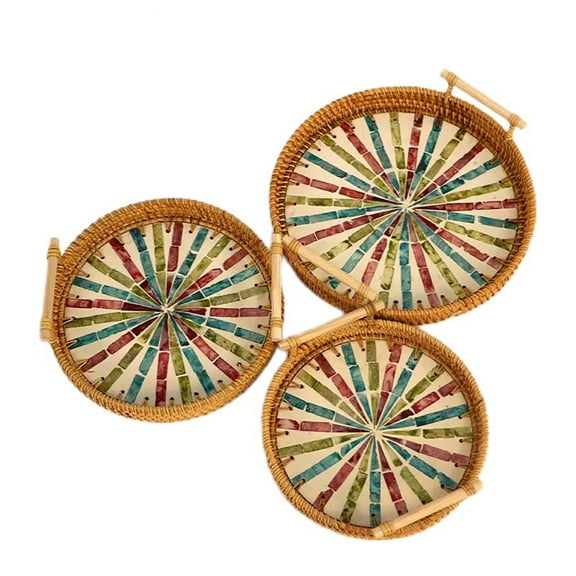 Set of 3 Bohemian Handwoven Round Rattan Basket with Handles, Rainbow Pattern