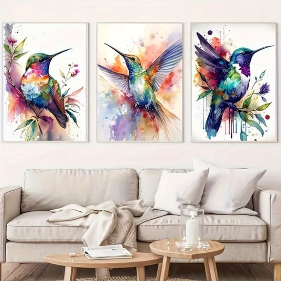 Set of 3 Bohemian Style Hummingbird Canvas Art Prints, Watercolor Birds Wall Decor, Unframed Modern Abstract Artwork for Living Room