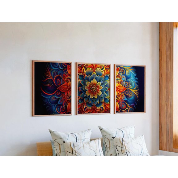 Set of 3 Boho Spiritual Wall Art, Colorful Mandala Triptych Prints, Ornate Geometric Decor, Vibrant Pattern Gallery Set, Stretched Canvas