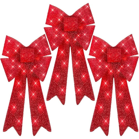 Set of 3 Bows Pre-Lit Christmas Bow Decoration, Indoor/Outdoor LED Holiday Décor w/ 30 Lights, Outdoor Battery Box, Timer, 8 Light Functions - Red