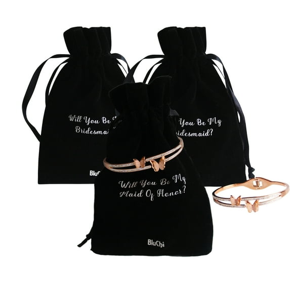 Set of 3 Bridal Party Proposal Pouch with Butterfly Bracelet - 2 Bridesmaids, 1 Maid of Honor - Black