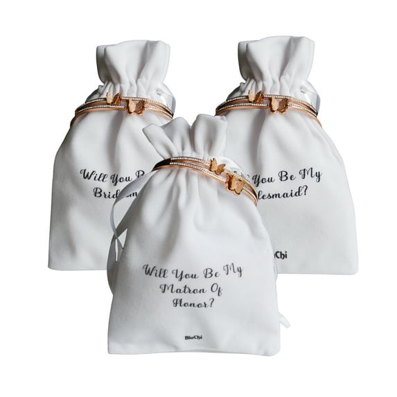 Set of 3 Bridal Party Proposal Pouch with Butterfly Bracelet - 2 Bridesmaids, 1 Matron of Honor -White