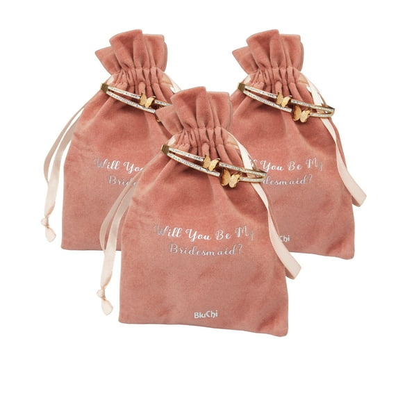 Set of 3 Bridal Party Proposal Pouch with Butterfly Bracelet - 3 Bridesmaids - Rose Gold