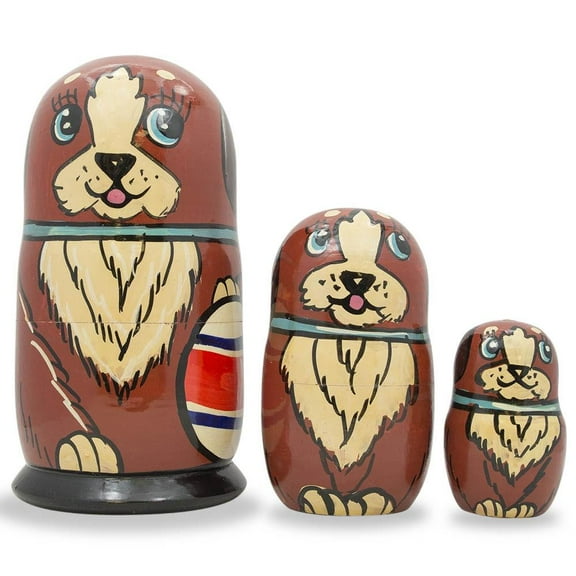 Set of 3 Brown Dog with Ball Wooden Nesting Dolls 5 Inches