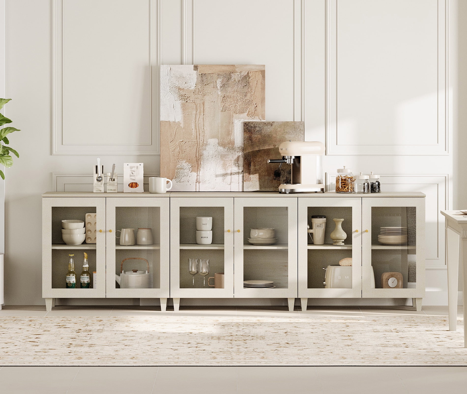 Set of 3 Buffet Cabinet Sideboard With Glass Doors, Adjustable Shelves and Cable Management For Kitchen Dining Room, 106" W, Beige Wood