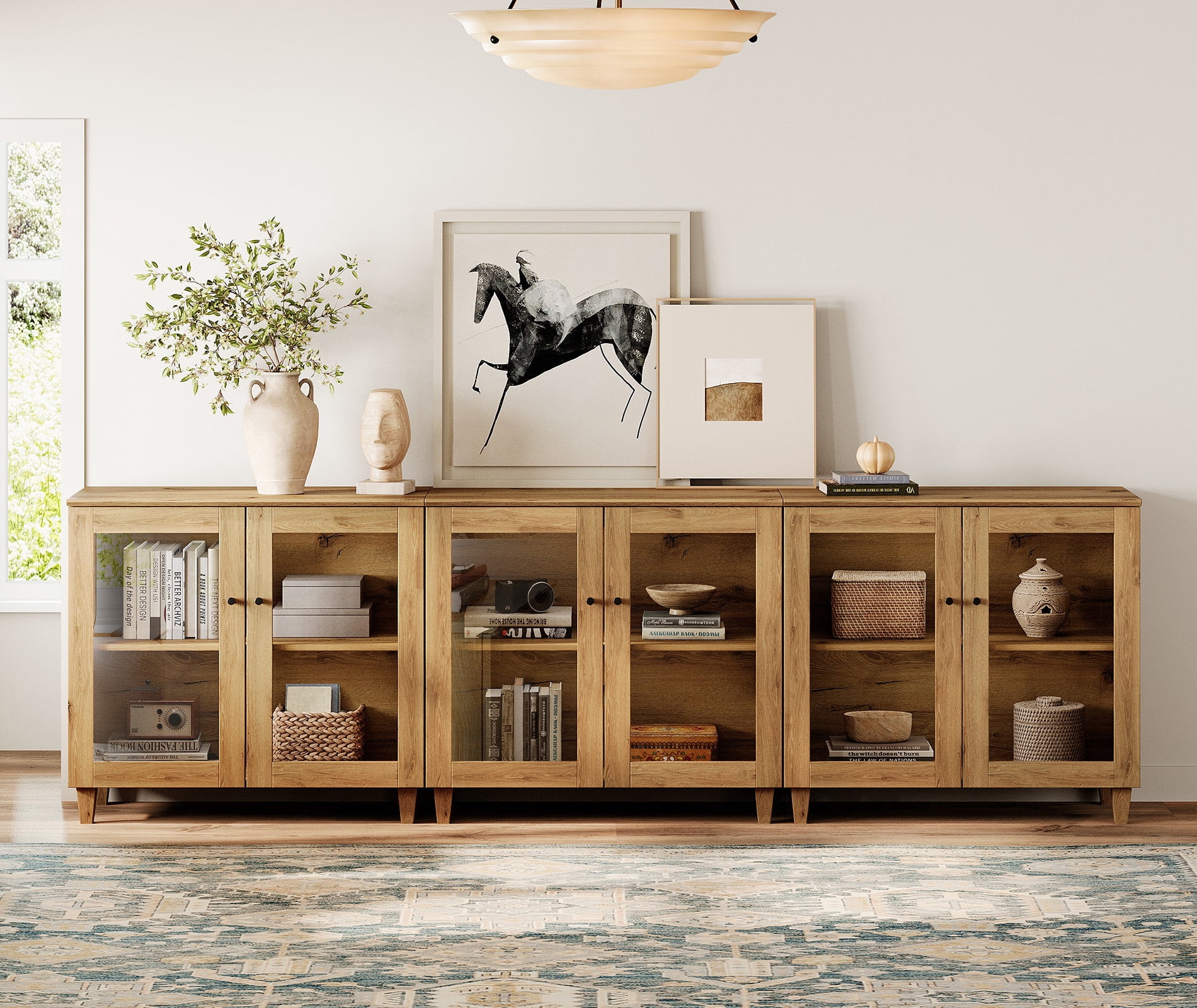 Set of 3 Buffet Cabinet Sideboard With Glass Doors, Adjustable Shelves and Cable Management For Kitchen Dining Room, 106" W, Brown Wood