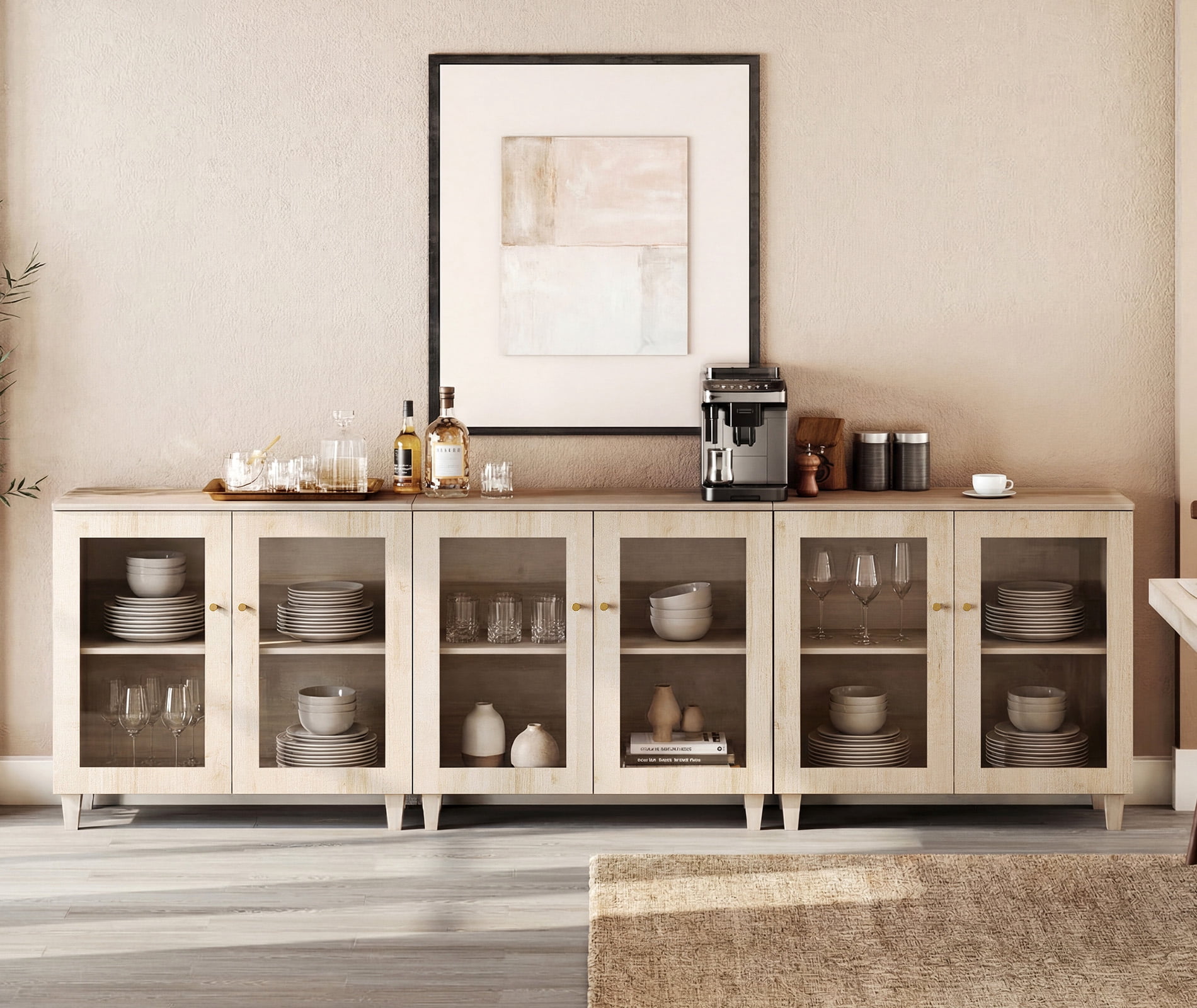 Set of 3 Buffet Cabinet Sideboard With Glass Doors, Adjustable Shelves and Cable Management For Kitchen Dining Room, 106" W, White Oak Wood