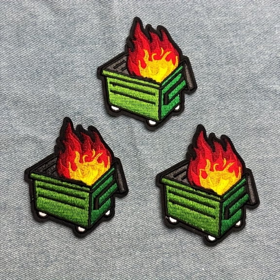 Set of 3 Campfire and Trash Can Iron-On Embroidered Patches for Bags, Hats, and Denim Pants