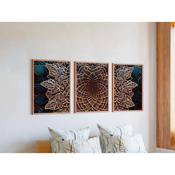 Set of 3 Carved Relief Wall Art, Sculpted Mandala Triptych Prints, Textured Calligraphy Decor, 3D Look Pattern Gallery Set, Stretched Canvas