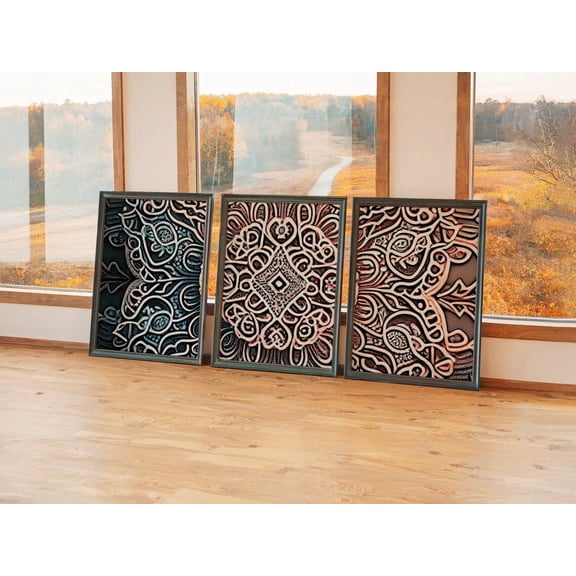Set of 3 Carved Texture Wall Art, Sculpted Mandala Triptych Prints, Ornamental Relief Decor, Tactile Pattern Gallery Set, Stretched Canvas