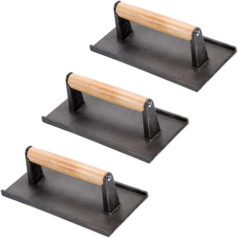 (Set of 3) Cast Iron Steak Weight/Bacon Press with Wooden Handle, 8 x 4