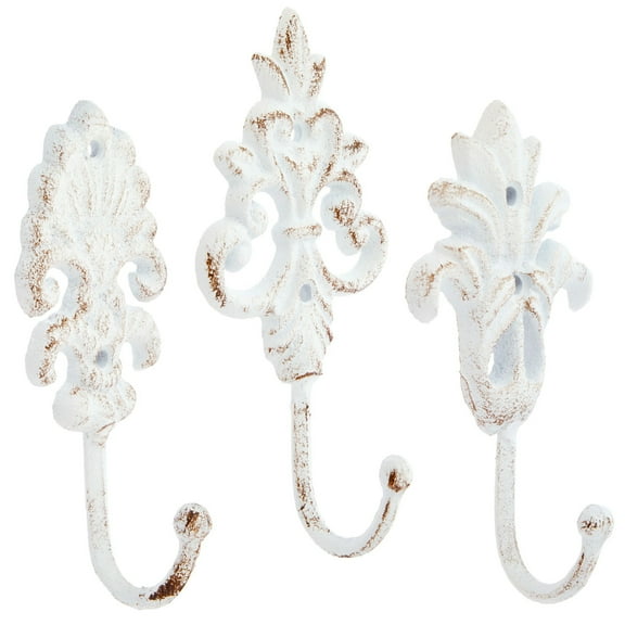 Set of 3 Cast Iron Wall Hooks, French Country Farmhouse Design, Includes Screws and Anchors (6.5 In, White)