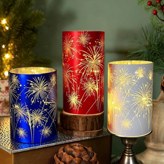 Set of 3 Celebration Firework Lanterns, Etched Glass Starburst LED Hurricane Lights for Table, Wedding, Party and Home Decor