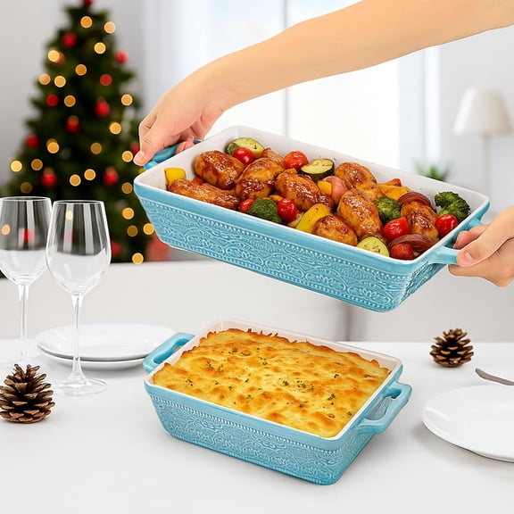 Set of 3 Ceramic Baking Dishes Rectangular Bakeware with Handles Elegant Casserole Dish Set for Lasagna Cooking Cake Dinner Banquet Lake Blue
