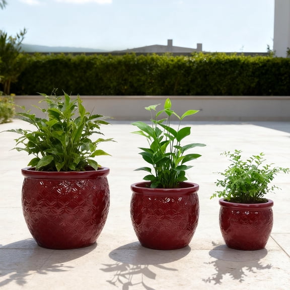 Set of 3 Ceramic Flowerpot, Modern Planter for Patio, Garden, Windowsill - Red