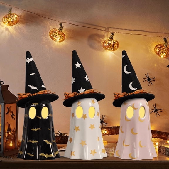 Set of 3 Ceramic Ghost Figurines with Witch Hats, Cute Spooky Indoor Halloween Decor, Tabletop Mantel Shelf Halloween Ornaments