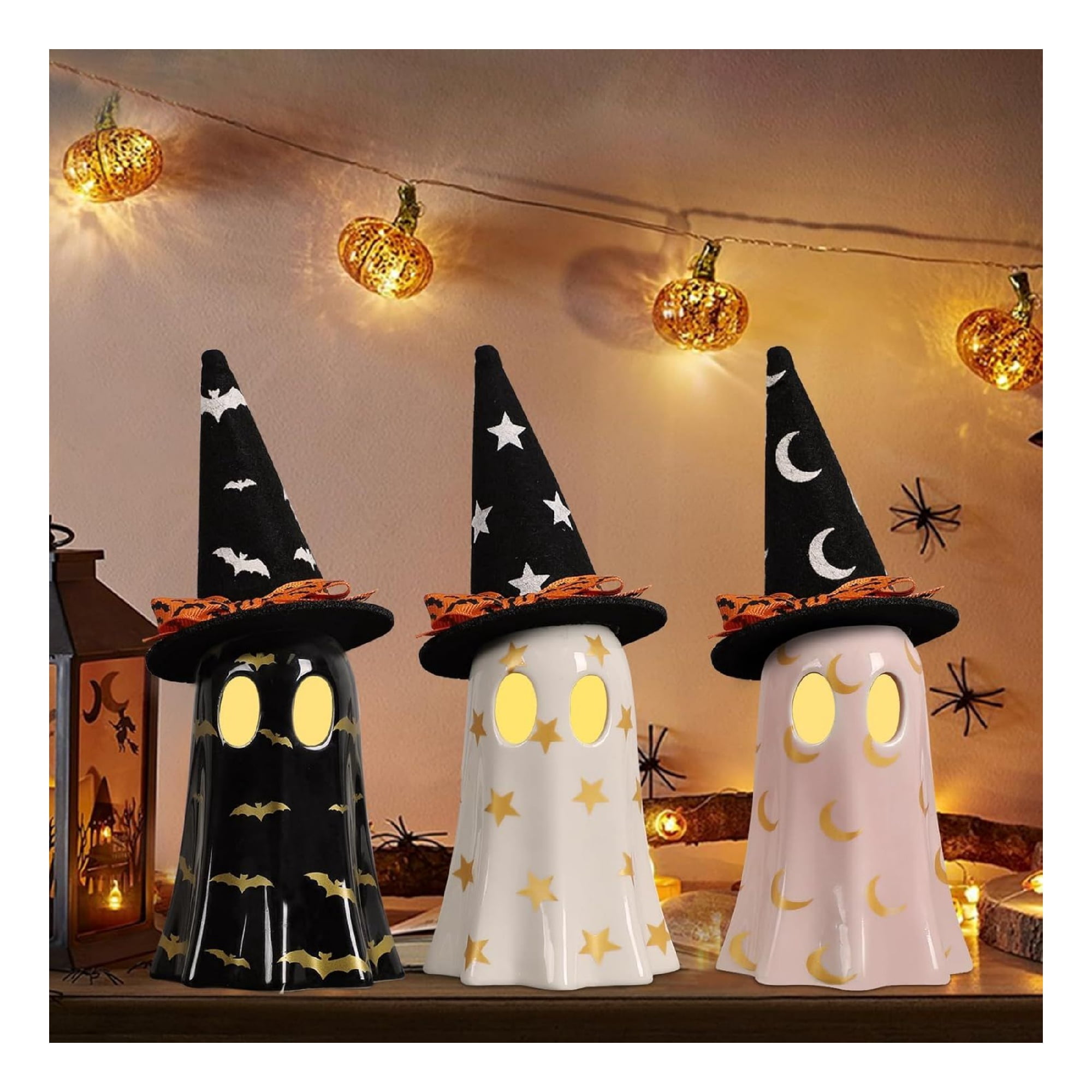 Set of 3 Ceramic Ghost Figurines with Witch Hats for Halloween Table Decor