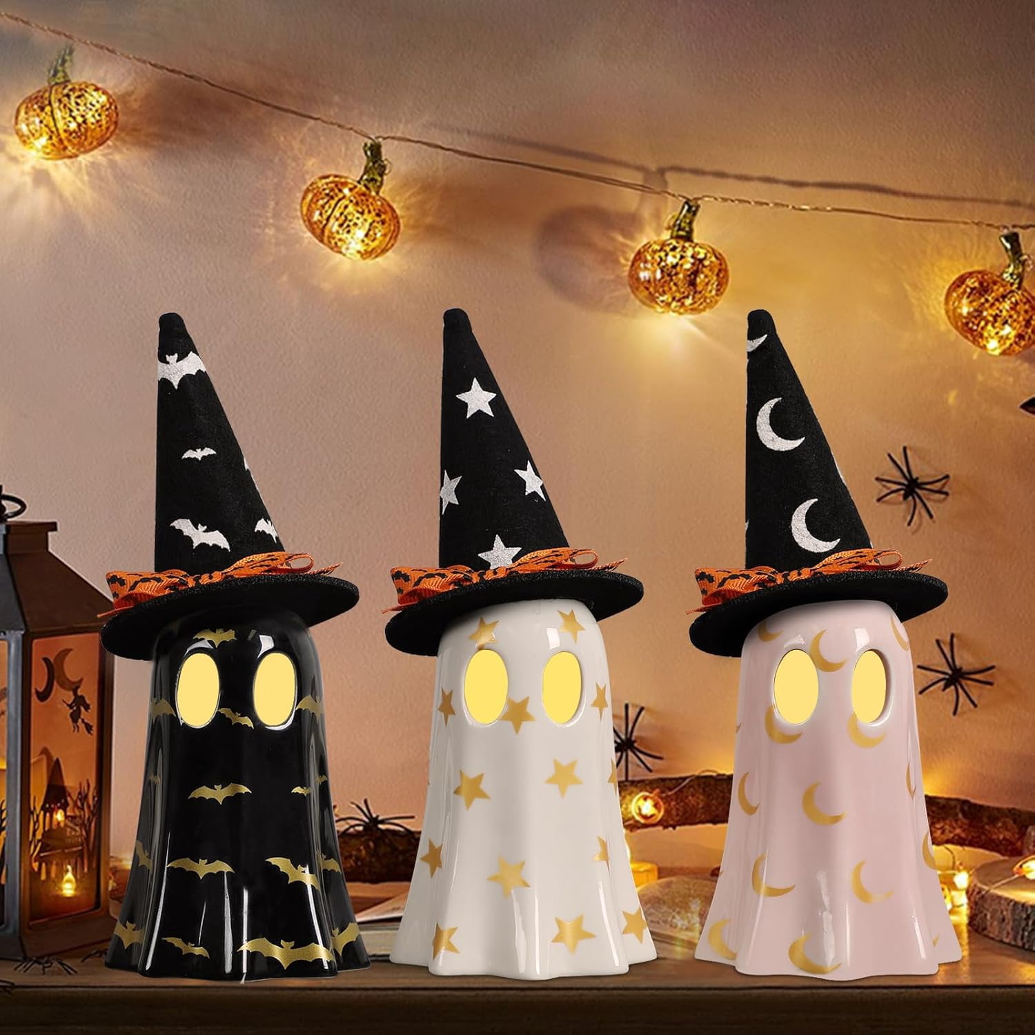 Set of 3 Ceramic Ghost Figurines with Witch Hats for Halloween Table Decor