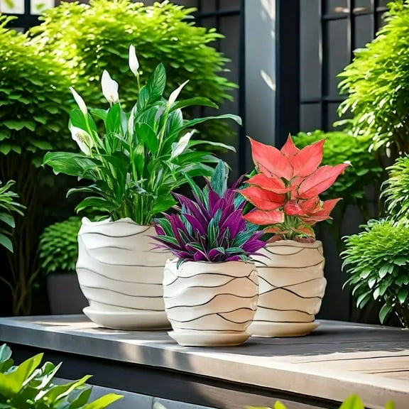 Set of 3 Ceramic Plant Pots, Garden Flower Planter Pot, Succulent Cactus Containers with Drainage and Saucer