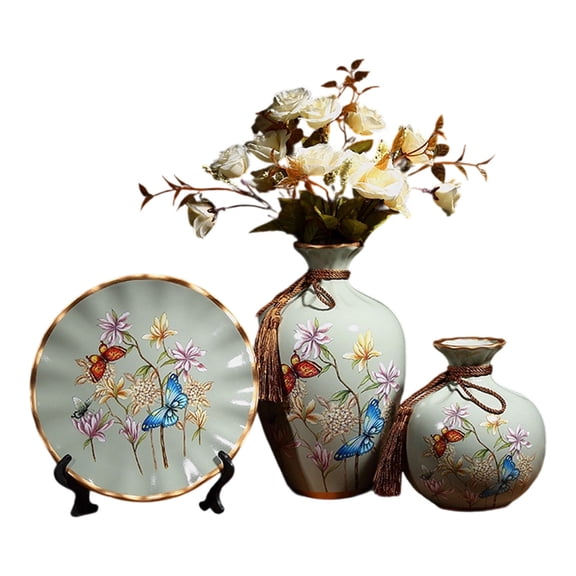 Set of 3 Ceramic Vases and Tray Gift Set Modern Design Decorative Flower Container for Office Desk Bookcase Display