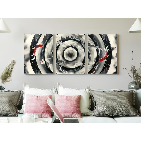 Set of 3 Charcoal and Stone Koi Mandala Wall Art, East Asian Ink Style Triptych, Lotus & Wave Zen Decor, Serene Spiritual Gallery Set, Poster Only