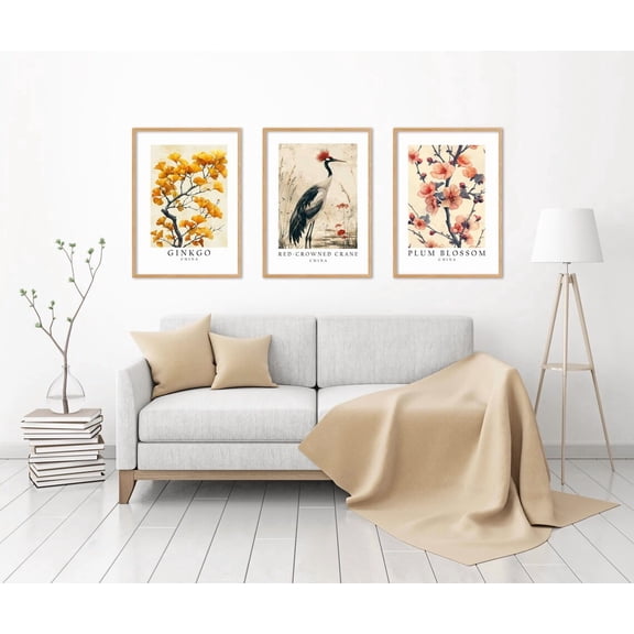 Set of 3 China National Symbols Poster Wall Art Crane Plum Blossom and Ginkgo Tree Prints for Home Decor, Poster Only