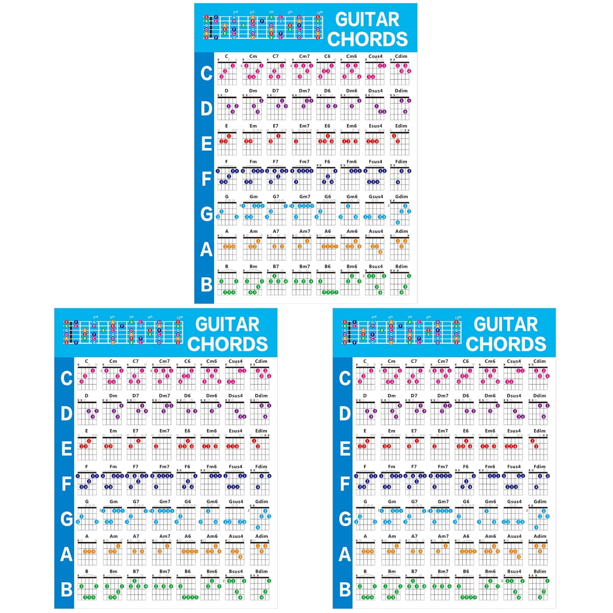Set of 3 Chord Chart Music Poster Posters Chords for Beginner Trumpet