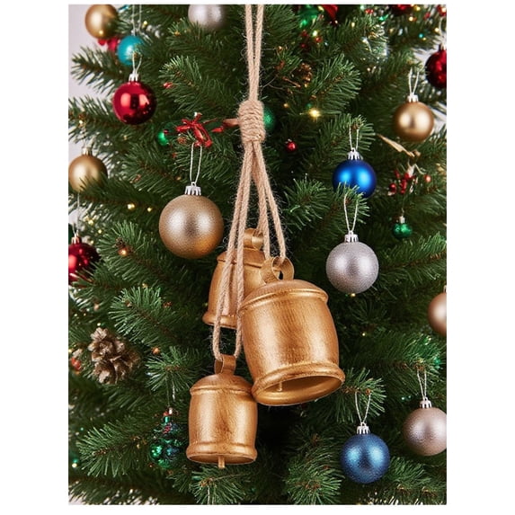 Set of 3 Christmas Brass Cow Bells – Vintage Shabby Style Metal Hanging Decor, Farmhouse Holiday Bells for Tree, Wreath, and Door Ornaments