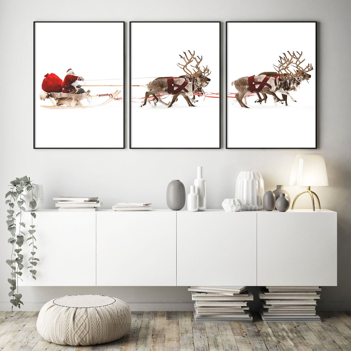 Set of 3 Christmas Canvas Prints Santa Claus Sleigh Reindeer Wall Art ...