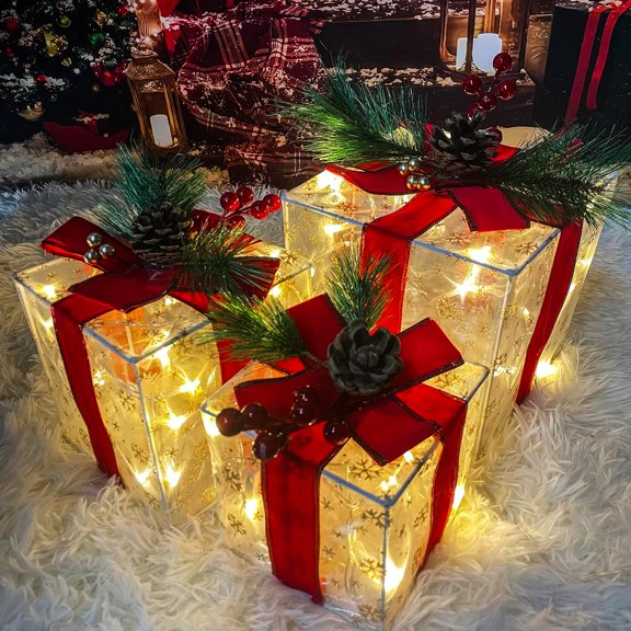 Set of 3 Christmas Lighted Gift Boxes - 140 LED Light up Xmas Present Ornament for Tree, Indoor/Outdoor, Yard, Door, Warm White, UL Plug