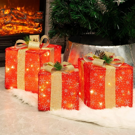 Set of 3 Christmas Lighted Gift Boxes, 50 LED Decorations, Presents Boxes (Christmas Red)