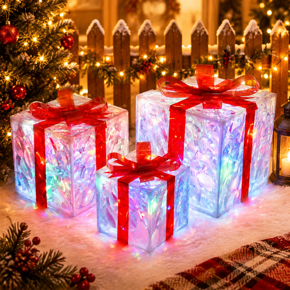 Set of 3 Christmas Lighted Gift Boxes, 50 LED Warm White Light up Present Boxes with Red Bows, Battery Operated Holiday Decor for Home, Porch, Yard