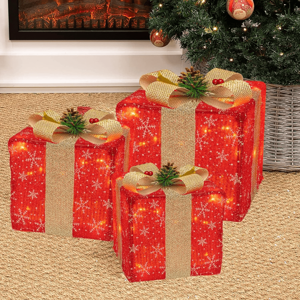 Set of 3 Christmas Lighted Gift Boxes, 60 LED Christmas Box Decorations