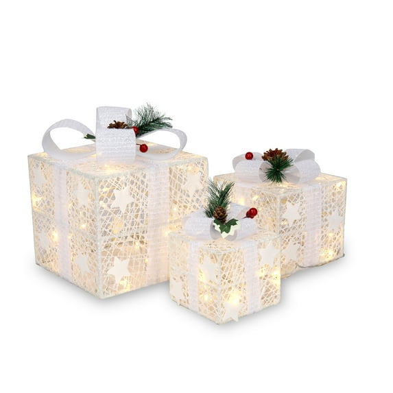 Set of 3 Christmas Lighted Gift Boxes Decorations, 60 LED Christmas Present Boxes with Warm White Lights for Xmas Tree, Home, Party, Holiday,Indoor