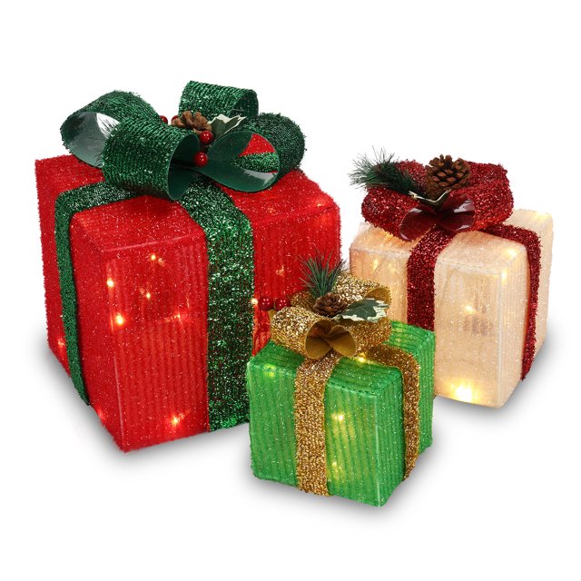 Set of 3 Christmas Lighted Gift Boxes Decorations 60 LED Lights Present Box for Holiday Party
