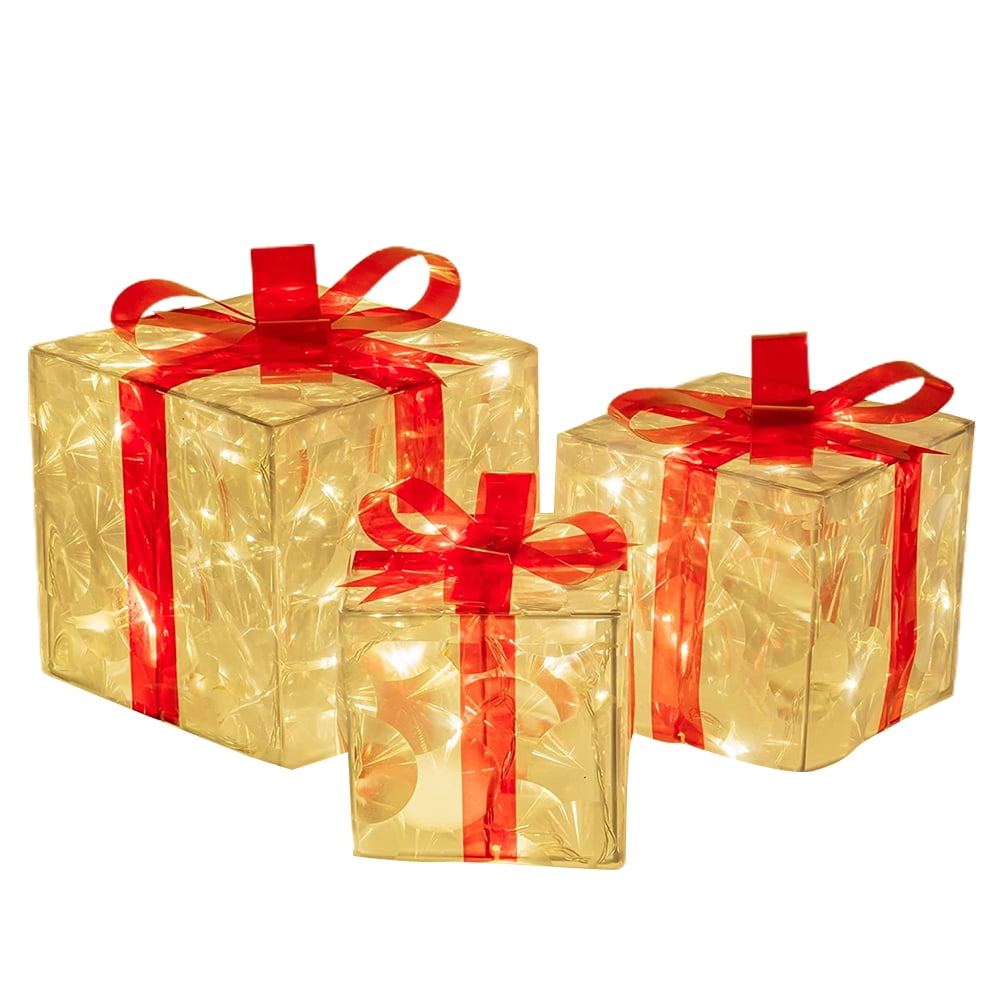 Set of 3 Christmas Lighted Gift Boxes Decorations Transparent Lighted