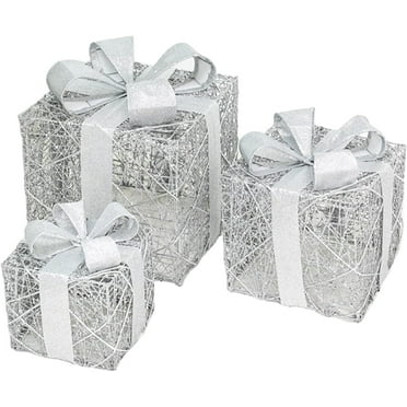 Set of 3 Christmas Pre-lit Gift Present Boxes w/ 60 LED Lights - Indoor/Outdoor Yard/Lawn Use- Snow Festive Plaid