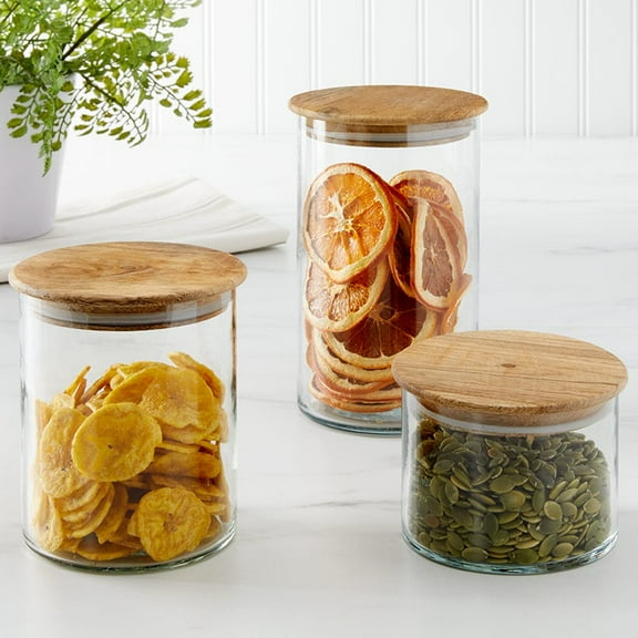 Set of 3 Clear Glass Canisters with Wood Lids for Versatile Home
