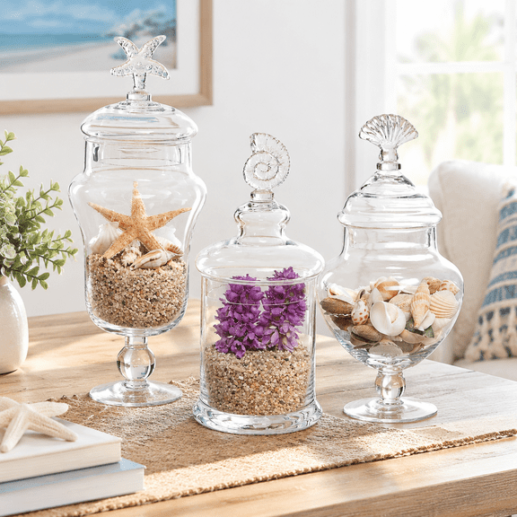 Set of 3 Clear Glass Food Storage Jars with Beach-Themed Handles and Seashell Lids