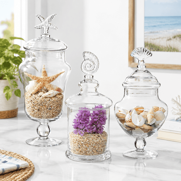 Set of 3 Clear Glass Food Storage Jars with Beach-Themed Handles