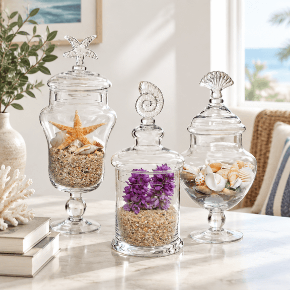 Set of 3 Clear Glass Storage Jars with Beach-Themed Handles and Seashell Lids
